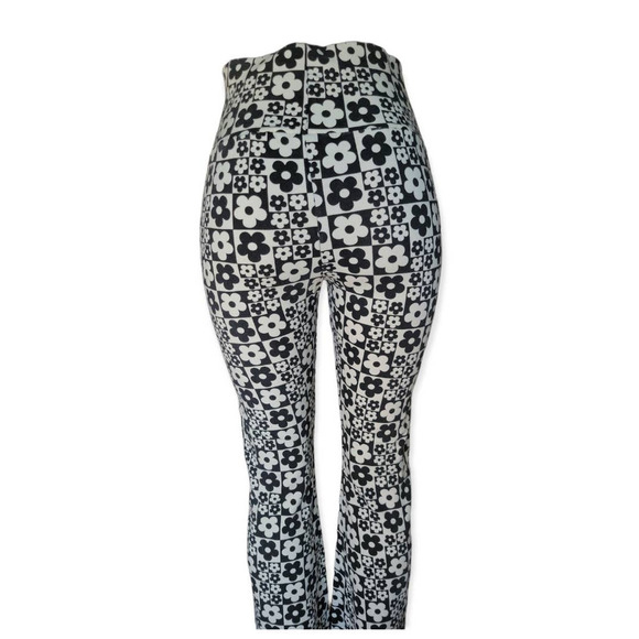 Y2K Retro 70's Floral Print‎ High Rise Flare Leggings Black White - Picture 6 of 9